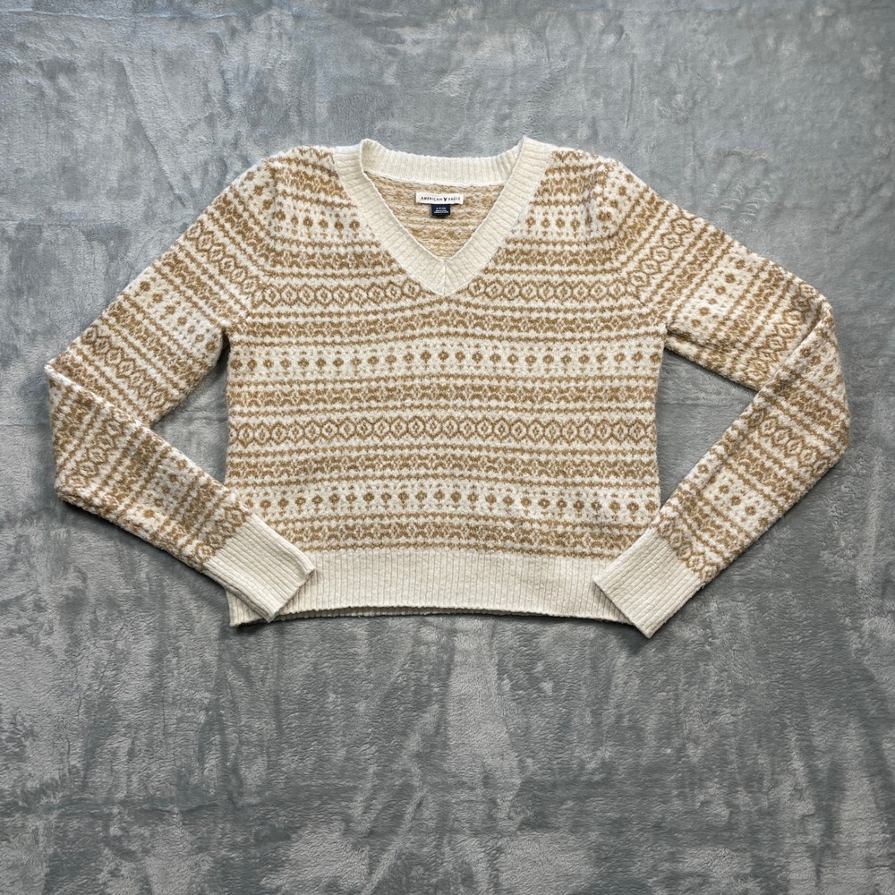 American Eagle Fair Isle V Neck Sweater‎ Women Cropped Knit Beige Pullover Small